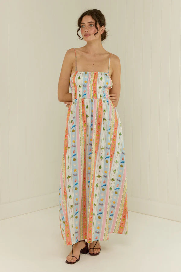 cross-border  women's new elegant high-waisted cotton linen printed camisole casual fashion dress