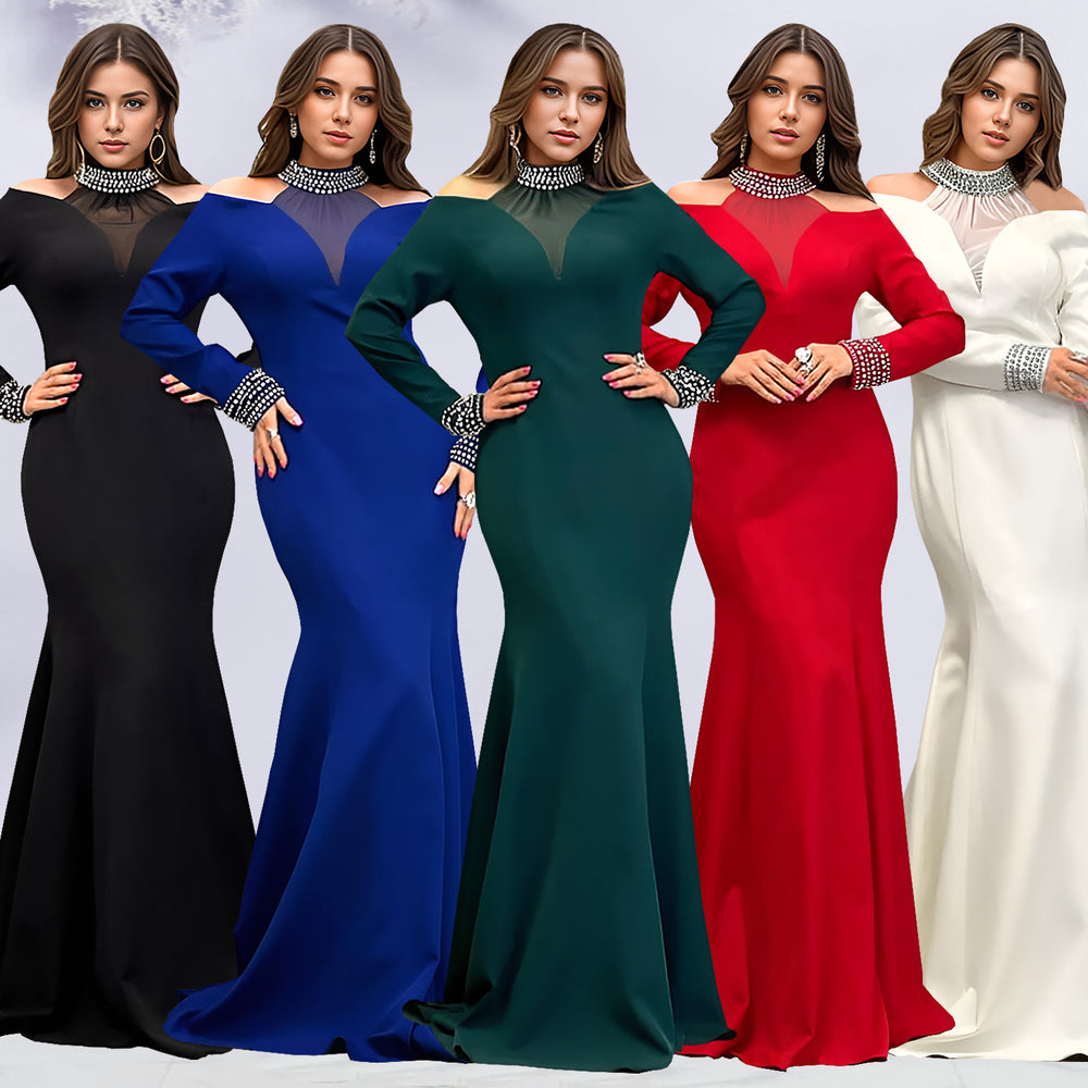 C7270 cross-border   fashion women's elegant slim-fit sleeveless rhinestone solid color dress
