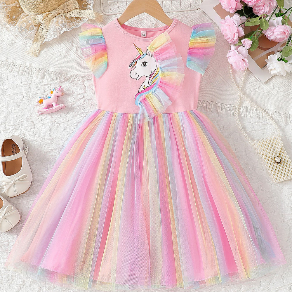 Girls' rainbow flutter sleeve unicorn print mesh princess dress - summer kids' colorful gradient tulle dress
