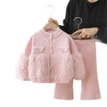 Girls' fuzzy solid color cardigan knit set - new  korean style kids' sweater two-piece outfit for autumn and winter