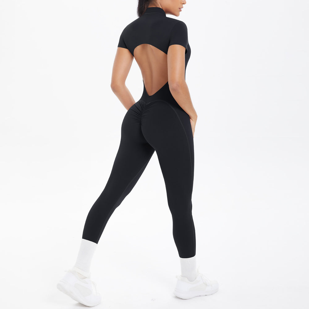 New arrival cross-border fashion tight back cut out short-sleeved pants jumpsuit sports running fitness jumpsuit yoga clothes
