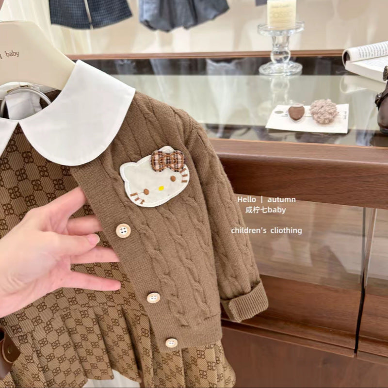 Girls' outfit  korean style kt cat knitted cardigan with peter pan collar plaid vest dress two-piece trendy set
