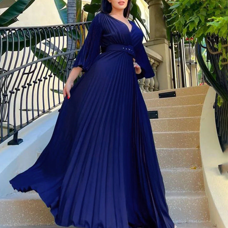 C8478 european and american women's clothing   new v-neck sexy pleated maxi dress cross-border dress