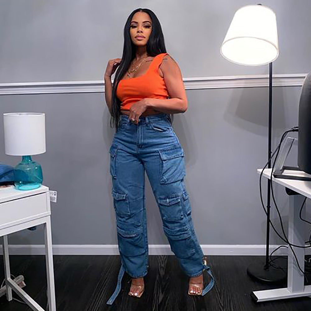 European and american style women's jeans - 's hottest fashion trend: multi-pocket cargo pants, plus size african denim