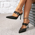 Women's black high heel sandals - square buckle detail, casual & minimalist style, pointed toe, sexy ladies' sandals, mules