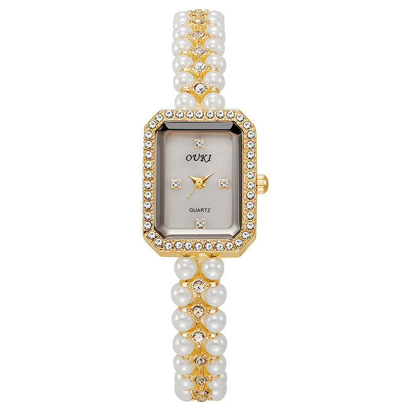 Ouki internet celebrity medieval pearl chain watch women's small mother-of-pearl dial small fragrant style diamond-encrusted women's watch silver