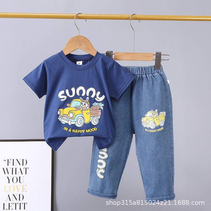 Summer new arrivals: toddler & kids' denim pants & cartoon print short sleeve two-piece set - multiple styles available