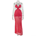 Fashion style export hot sexy women's backless pleated hip skirt halter wrap chest cross pure color long dress