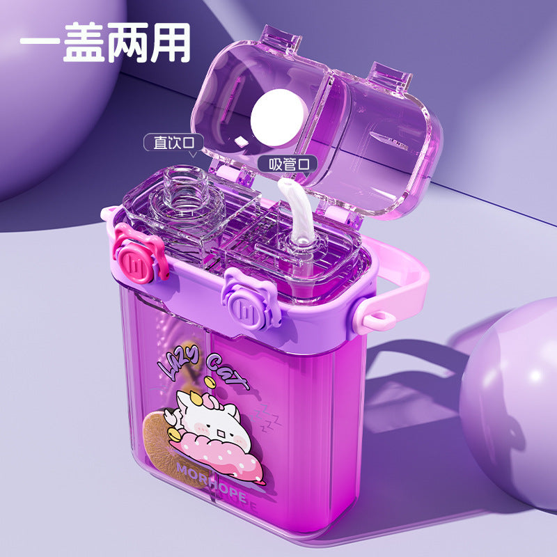 Kids' dual-drink water bottle - square straw sippy cup for school, portable crossbody punk water bottle for boys and girls