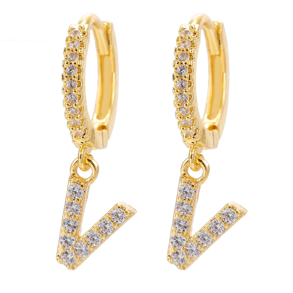 European and american gold-plated micro-paved zircon 26-letter initial pendant earrings - fashionable, unique, high-end, and chic hoop earrings with tassel detail