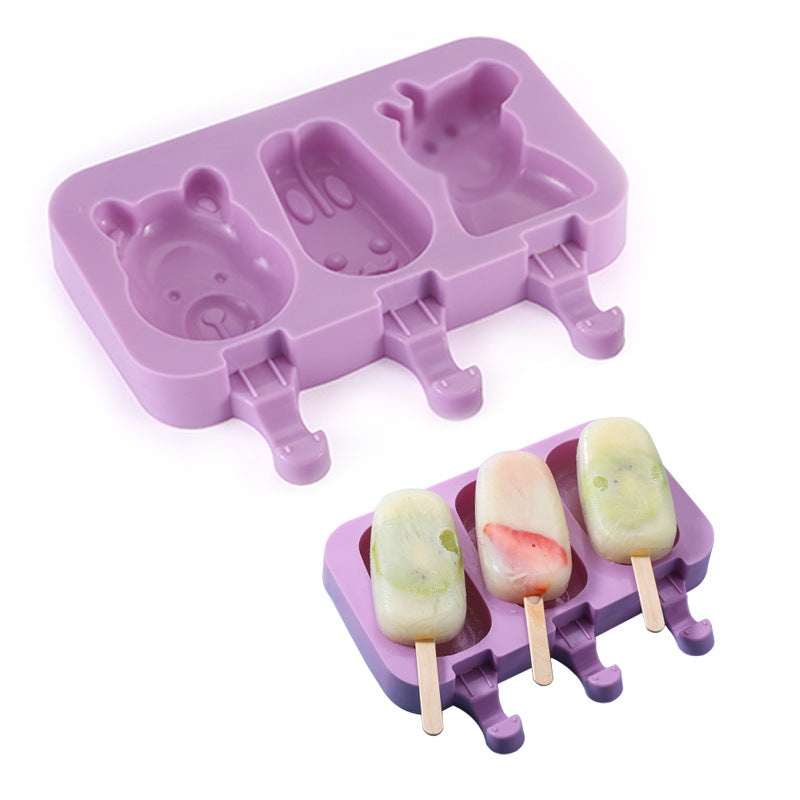 Factory direct, ready-to-ship: diy cartoon ice pop molds - new 3-cavity silicone ice cream molds with lids