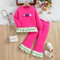 Girls' fall floral outfit: pink ruffle-trimmed pullover sweatshirt and 3d embroidered pants set