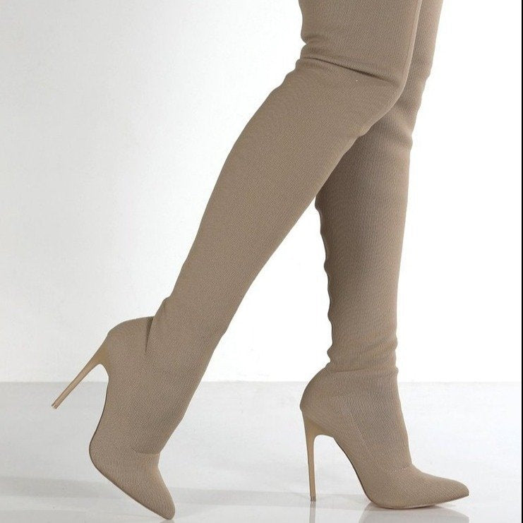 2026 spring new arrival: plus size women's boots - stretch boots, retro stiletto high heels, knitted over-the-knee boots
