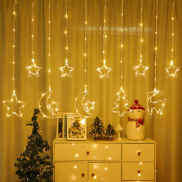LED Christmas leather line star moon curtain light pentagram bell elk holiday decoration string light bedroom atmosphere light