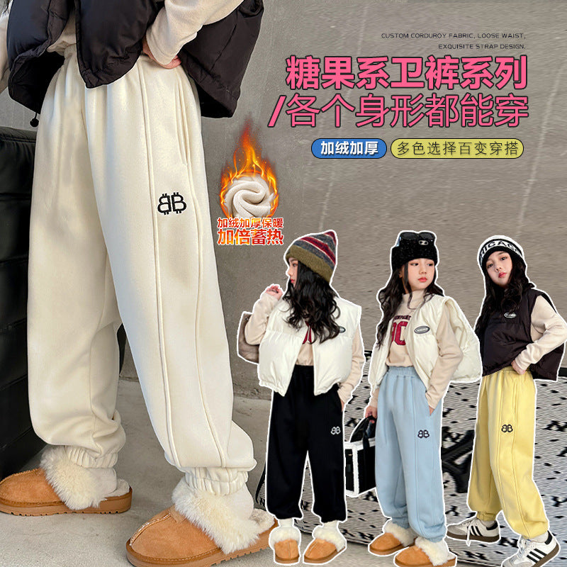 Girls' fleece-lined thickened sweatpants - new  winter collection: stylish, casual, loose-fit athletic pants for trendy little girls