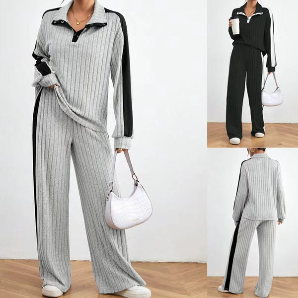 2025  Europe, America,  fashion casual polo collar color matching design loose sweater wide-leg pants two-piece set