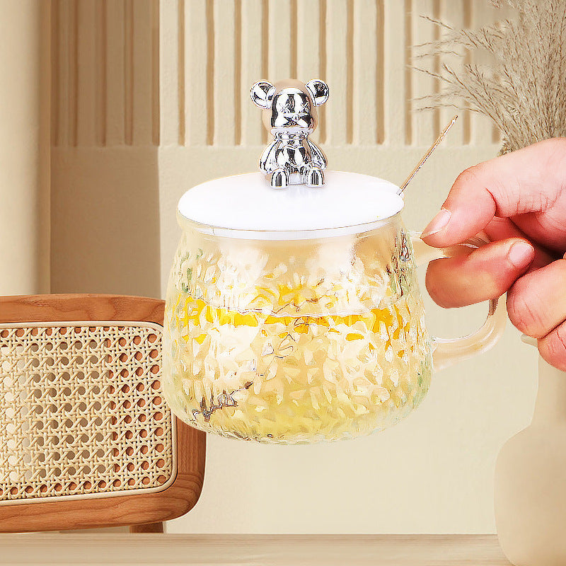 Dropshipping & free shipping: trendy bear glass cup with lid and handle - instagrammable, high-style, cute home water cup