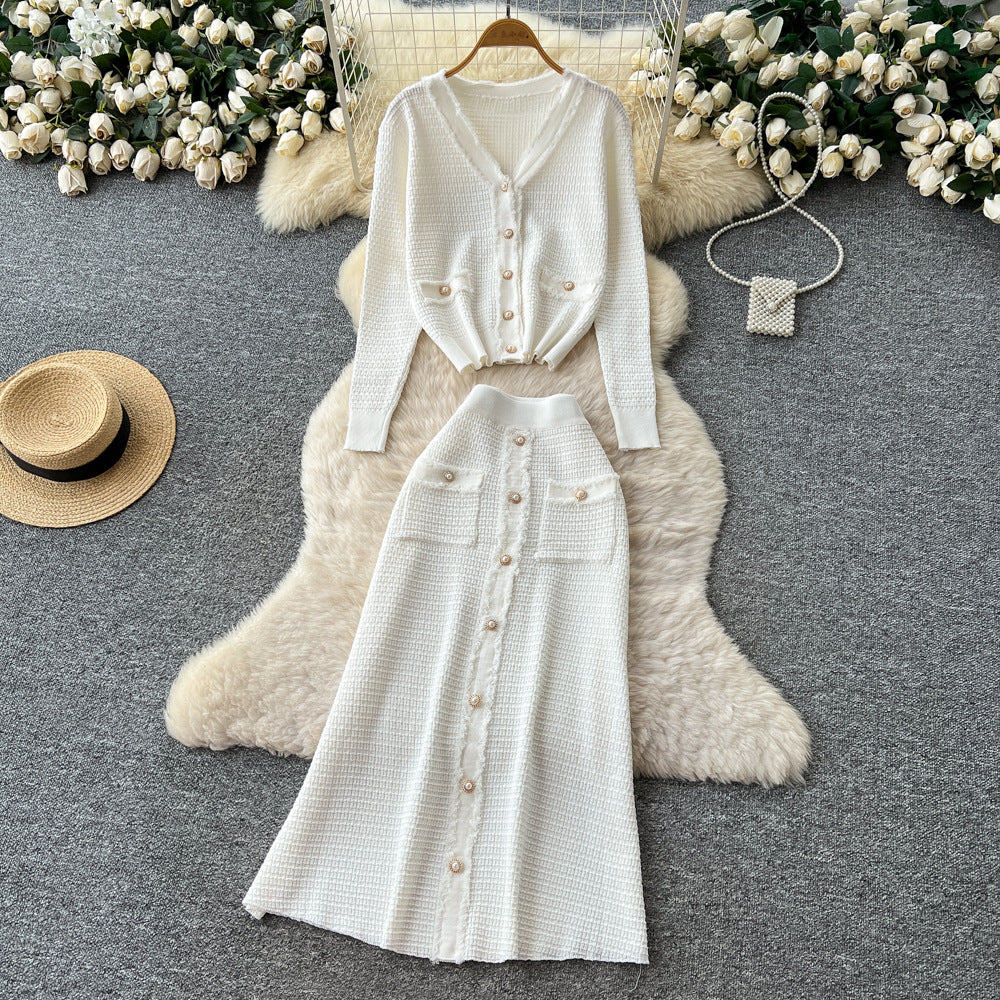 Xiaoxiangfengclassyfashionv neck metal button knittingcardigantops women's high waistslimming look skirt two-piece set