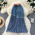 Korean style patchwork striped color block denim midi skirt - women's designer high waist slimming a-line skirt - versatile workwear