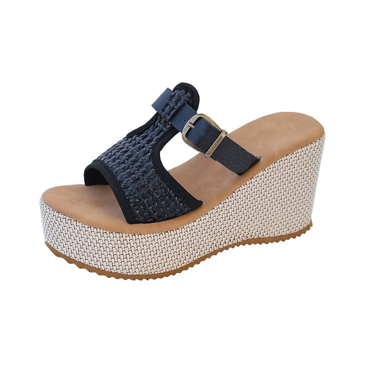 New arrival: women's chunky platform thong sandals - european & american style, hollow-out design, buckle closure, woven strap, wedge heel, perfect for beach & pool
