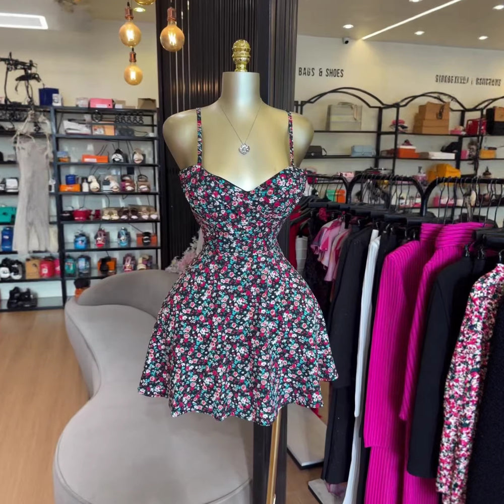 European and american cross-border women's clothing:  summer new collection - sweet & fresh floral high-waisted a-line mini slip dress