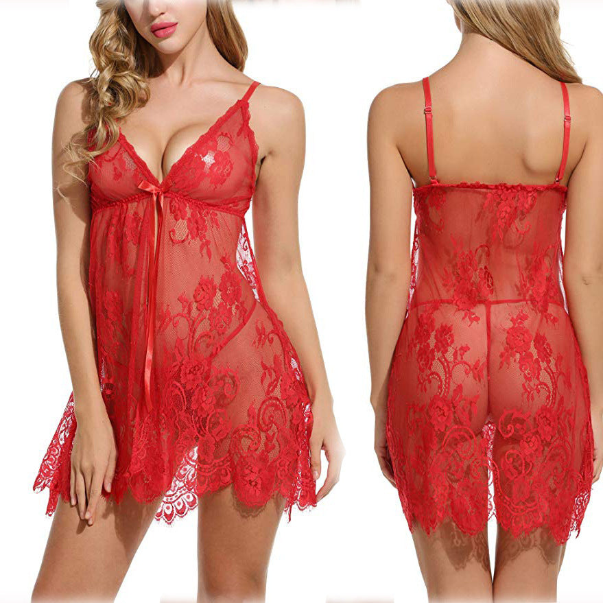 foreign trade sexy lingerie, women's erotic lingerie, european and american style eyelash sheer camisole dress with slit, dropshipping available