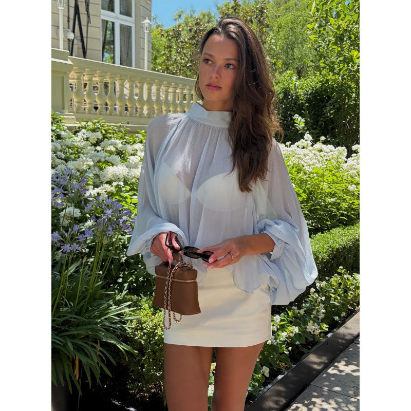 Amazon women's clothing  summer new round neck pullover loose see-through chiffon lantern sleeve long sleeves t-shirt tops