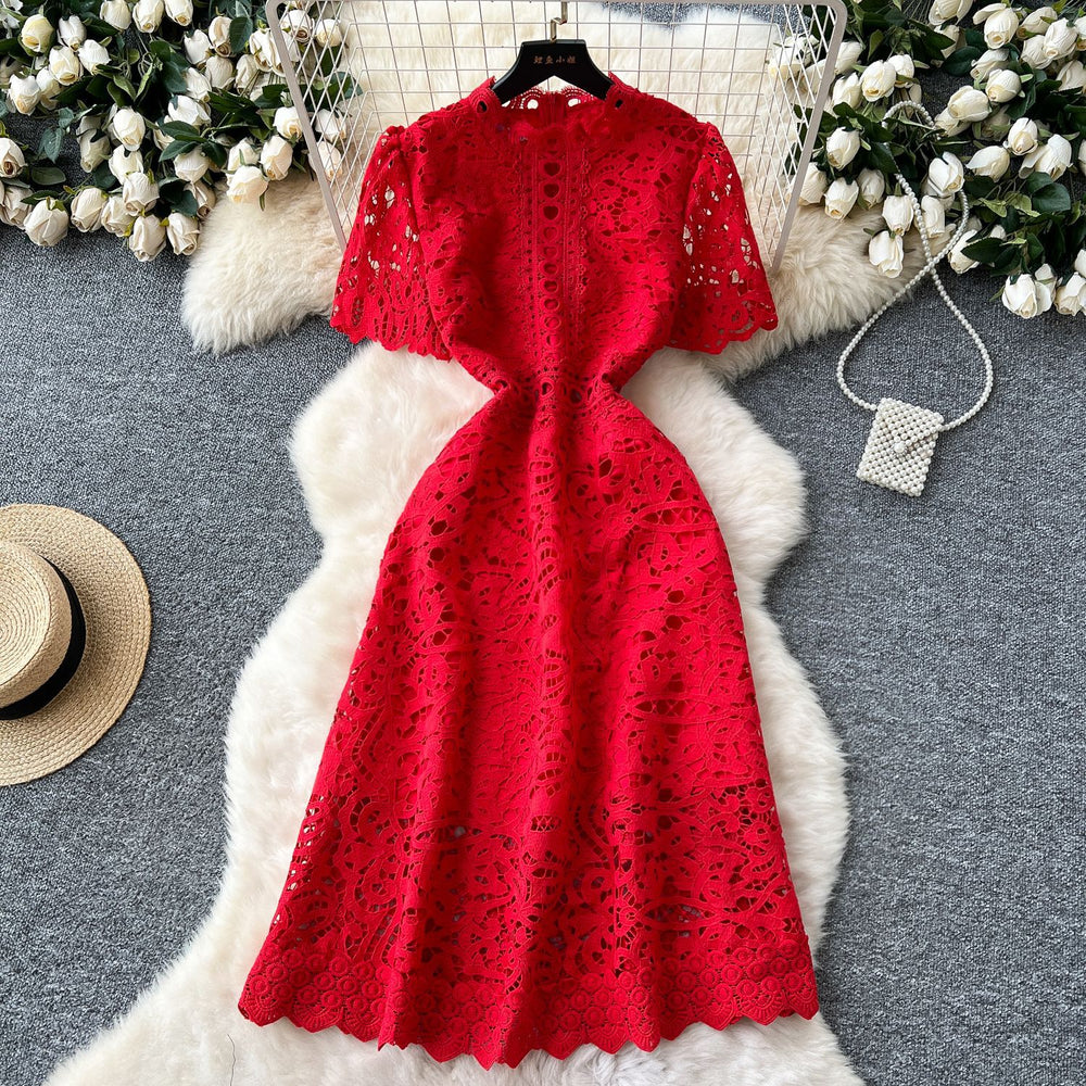 High-end hollow-out crochet lace dress - women's french style, slimming, elegant, short sleeve maxi dress - summer 2025 collection