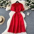 High-end hollow-out crochet lace dress - women's french style, slimming, elegant, short sleeve maxi dress - summer 2025 collection