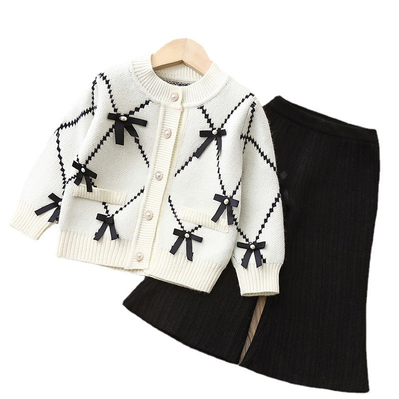 Girls' knitted sweater set, kids' two-piece outfit,  new style baby girl bowknot cardigan set, ages 1-8