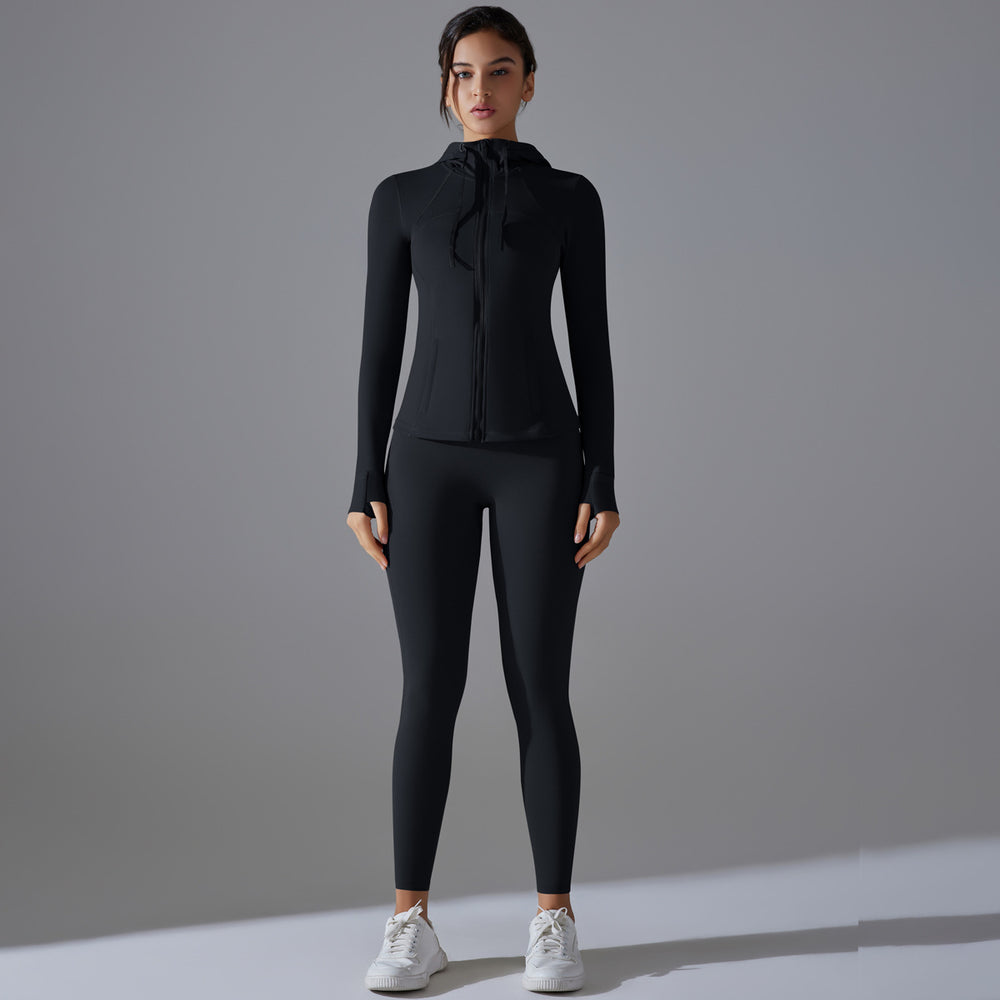New outdoor running two-piece set: solid color quick-dry yoga outfit with hooded zip-up jacket and long-sleeve fitness set