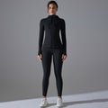 New outdoor running two-piece set: solid color quick-dry yoga outfit with hooded zip-up jacket and long-sleeve fitness set