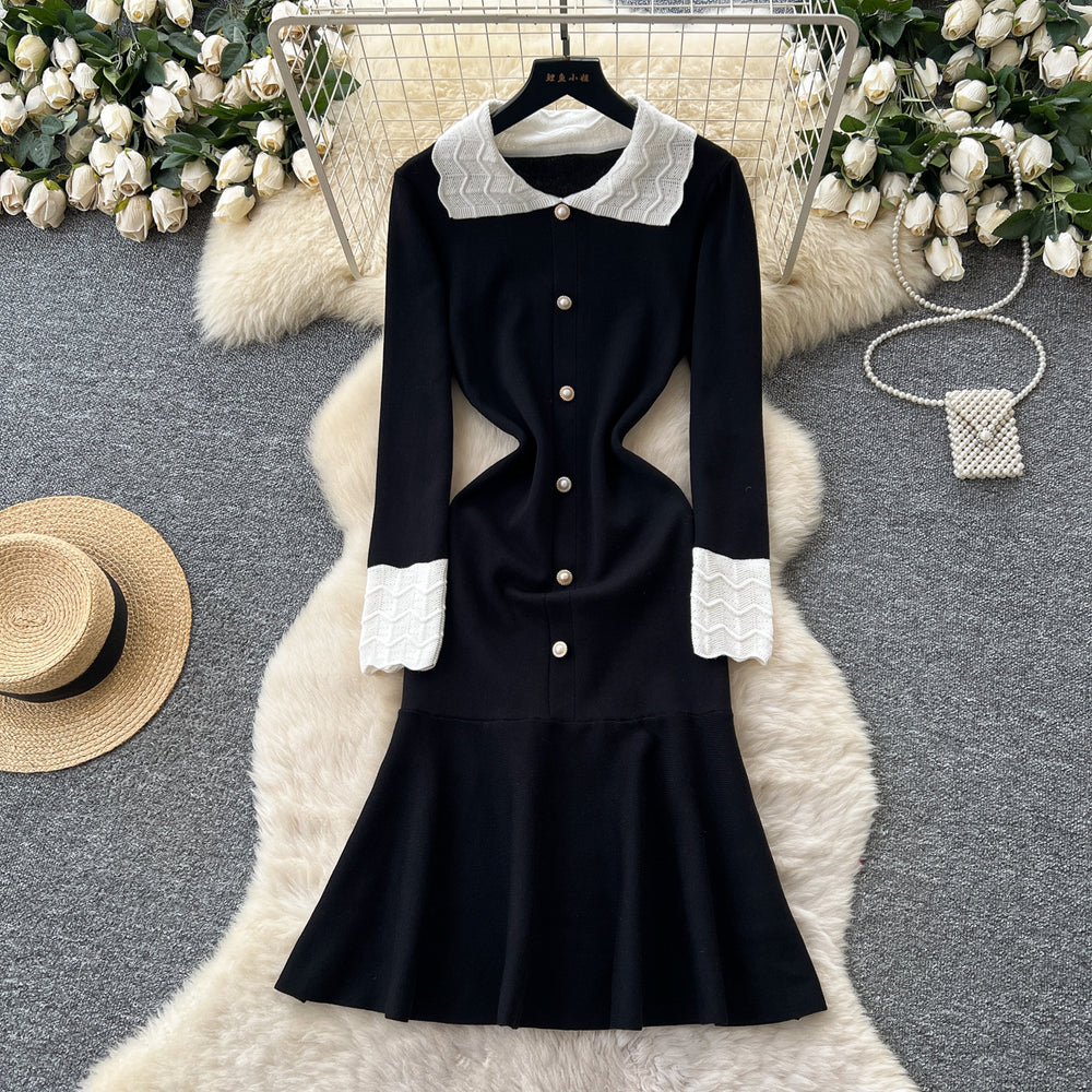 Frenchretro small fragrance style contrast color lapel long sleeves single breasted waist slimming lookelegantrufflesknittingdress