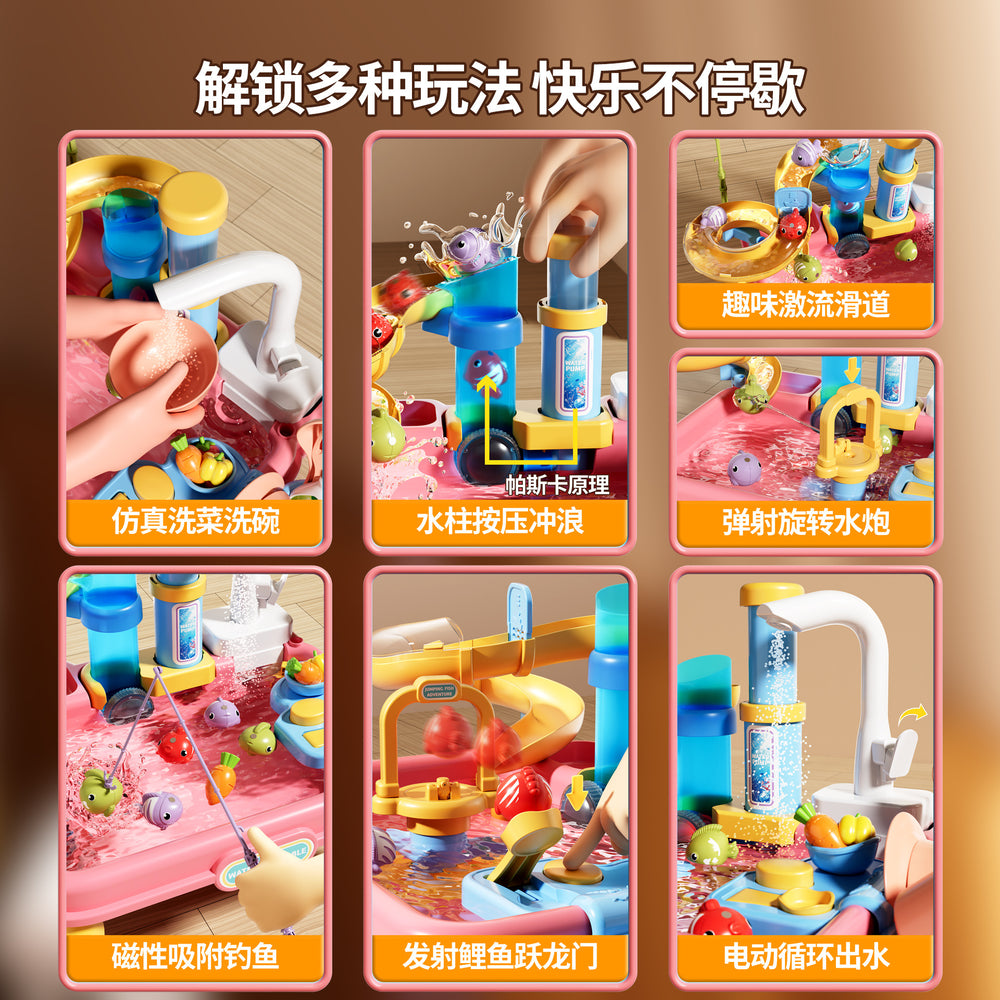 New children's dishwasher toy with faucet, recirculating water, cooking playset, kitchen water park