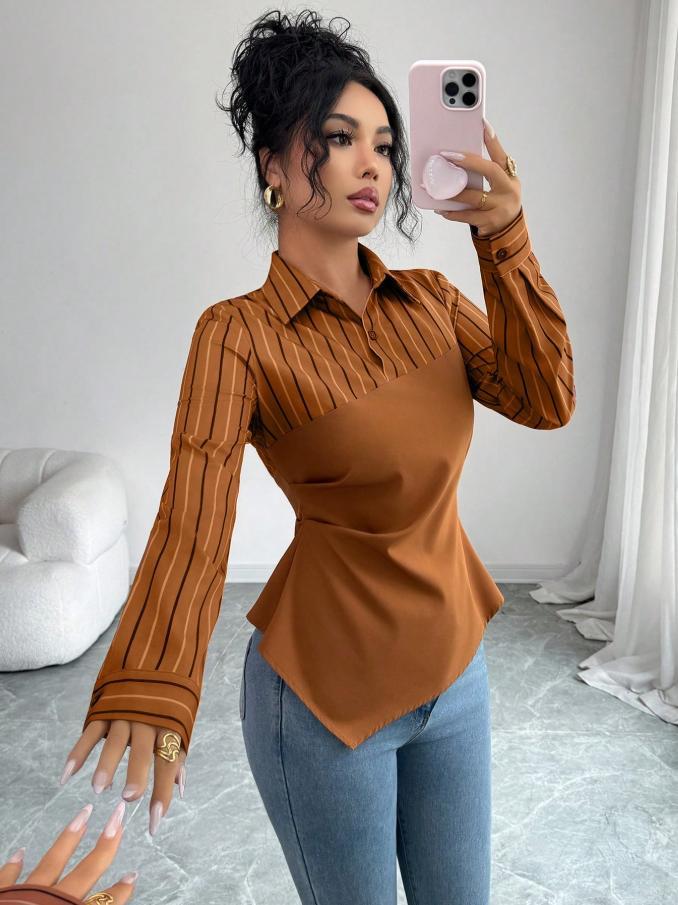 Amazon fashion  autumn new striped patchwork elegant chic workwear blouse