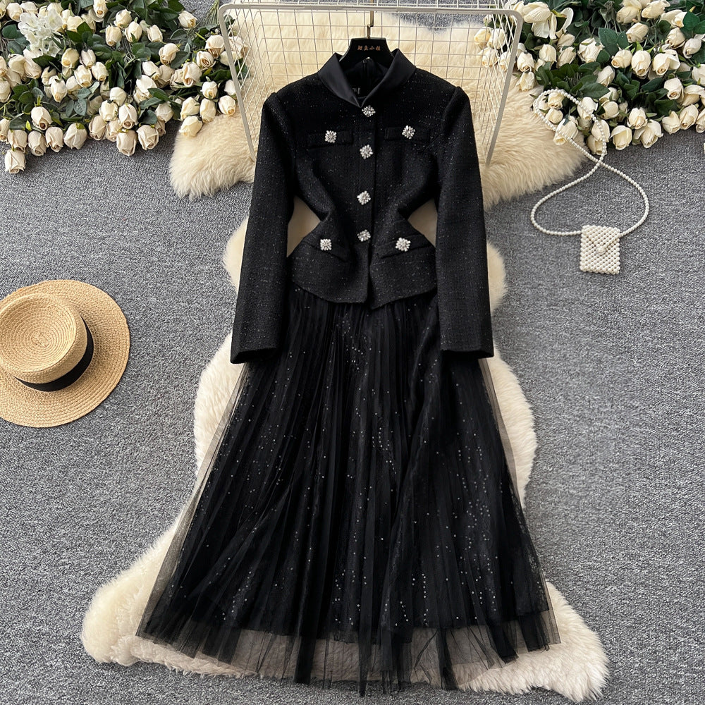French chic a-line patchwork fashion dress - women's long sleeve, slim fit, figure-flattering, elegant long dress