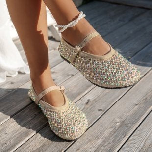 Women's flat shoes for cross-border e-commerce:  summer new collection - mesh mary janes with rhinestone embellishments, single strap casual flats