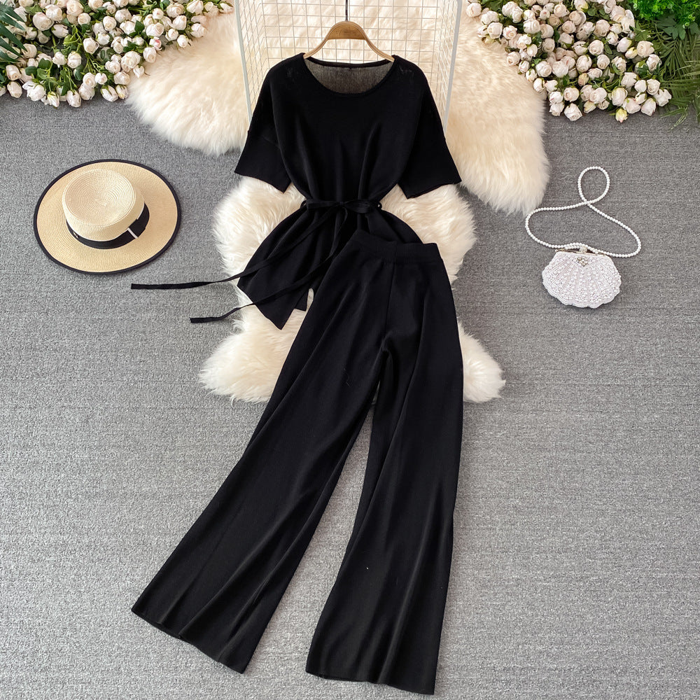 Fashionsuit goddess style asymmetrical round neck waist knittingtopstwo-piece sethigh waistslimming lookloose pantspants