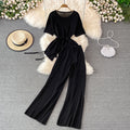 Fashionsuit goddess style asymmetrical round neck waist knittingtopstwo-piece sethigh waistslimming lookloose pantspants