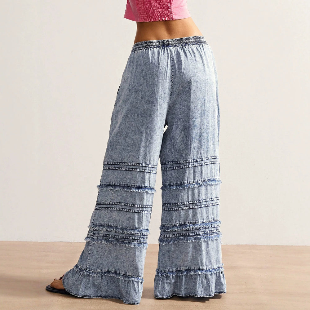 Fashionjeans women's elastic drawstring waist hair patchwork lotus leaf loose pants washed thin casual denim pants