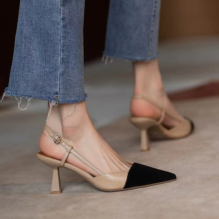 2024 summer new arrival baotou sandals french color block tweed style pointed toe high heels one strap sandals thin heel