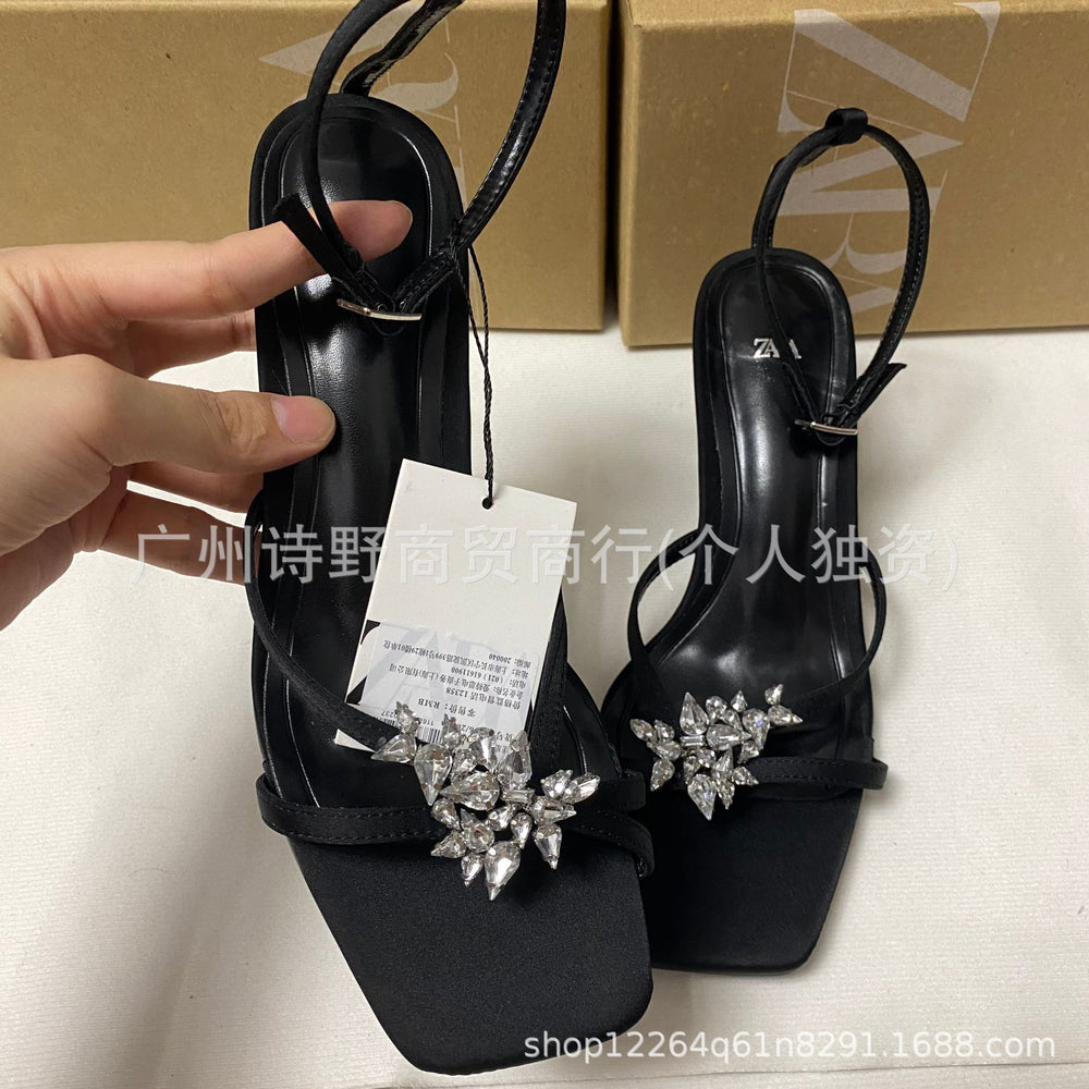 Zr2024 summer new women's shoes black rhinestone-embellished thong sandals with square toe and stiletto heel