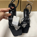 Zr2024 summer new women's shoes black rhinestone-embellished thong sandals with square toe and stiletto heel