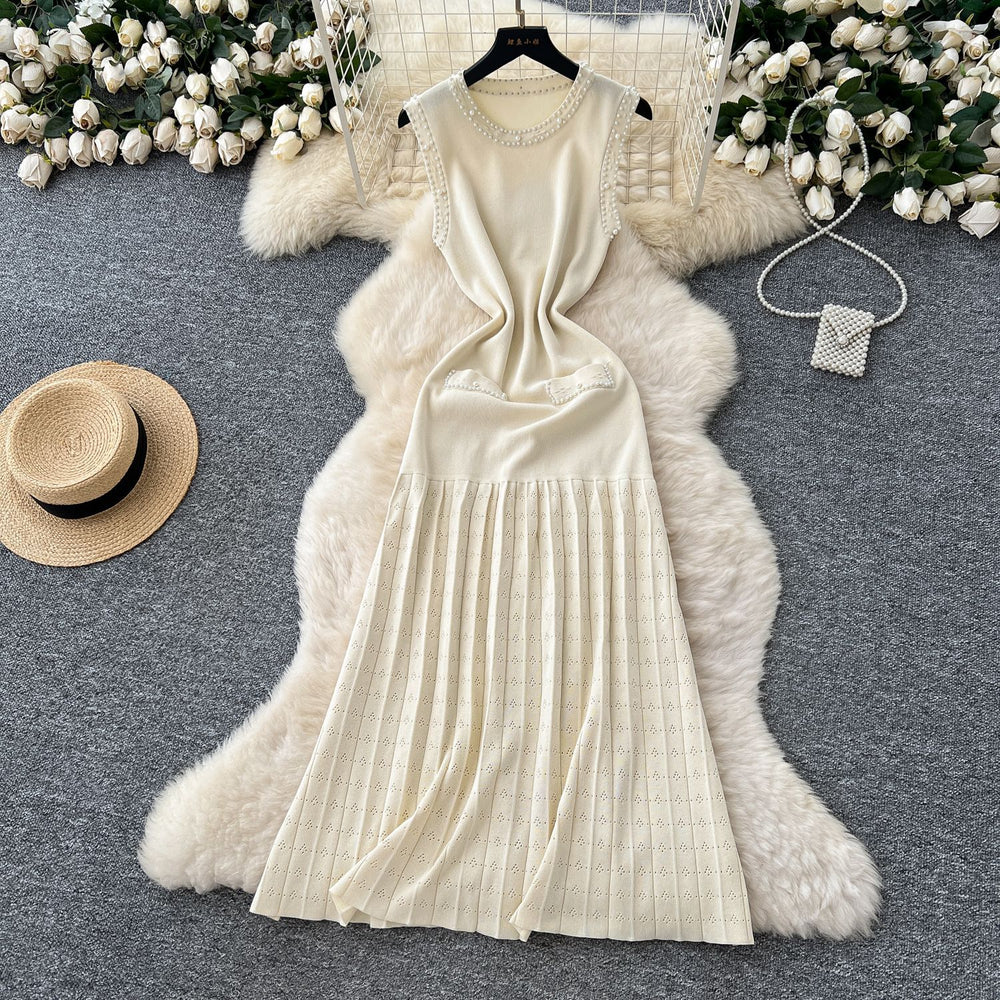Frenchaccessible luxury celebrity heavy industry beading round neck sleeveless dress women's summer waist elegant knitting vest long skirt