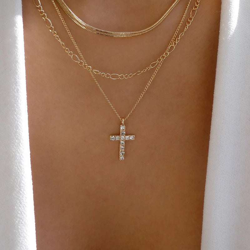 fashionnew arrival jewelry accessible luxury style diamond-encrusted necklace women's alloy cross stacked multi-layer necklace