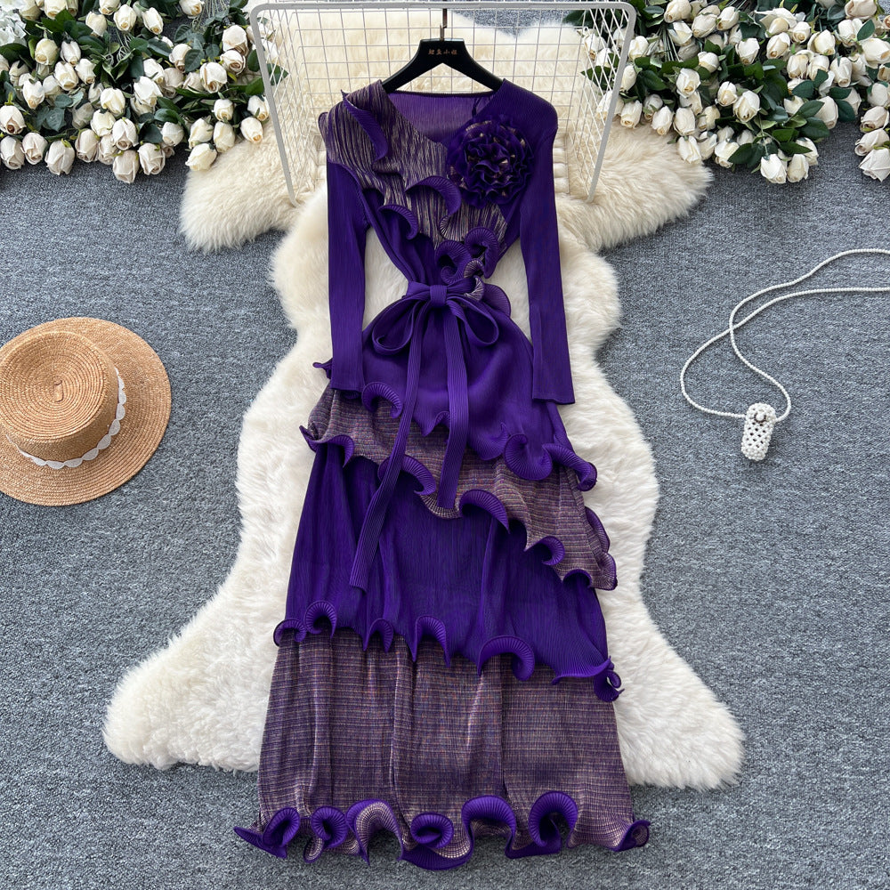 Miya european and american dress women's autumn  new fashion three-dimensional flower strap waist fungus long skirt