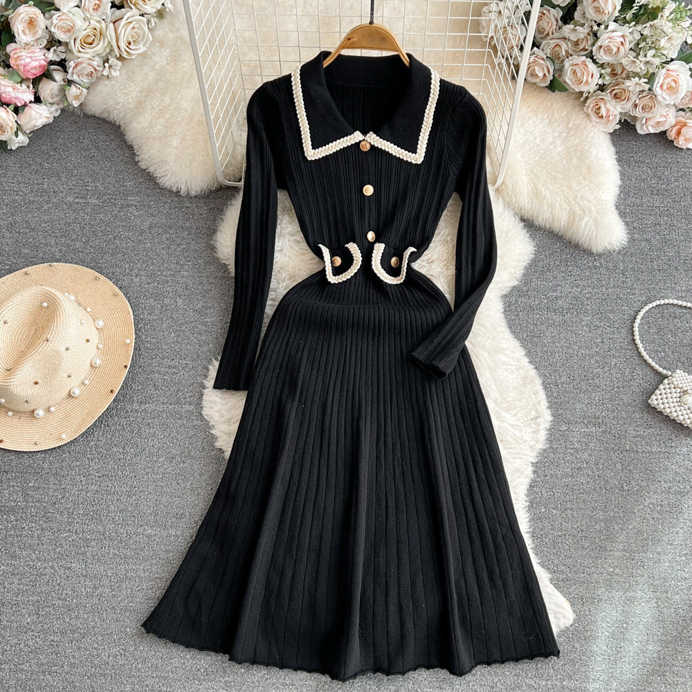Xiaoxiangfeng socialite elegantcontrast colorlong sleeves doll collar waist slimming look longa line large hem knittingdress