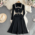 Xiaoxiangfeng socialite elegantcontrast colorlong sleeves doll collar waist slimming look longa line large hem knittingdress