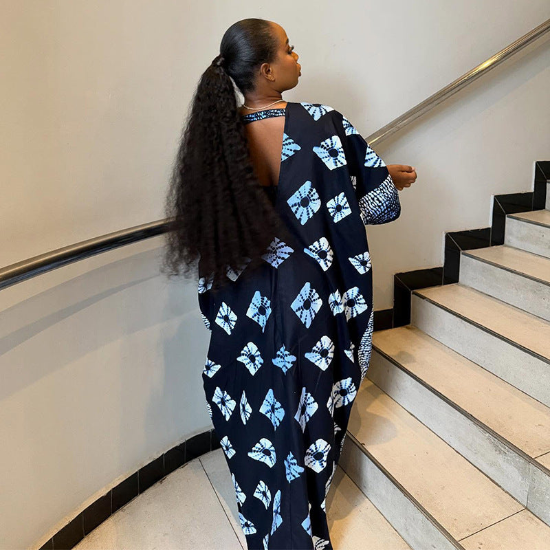 European and american women's clothing  autumn new collection: sweet and fresh printed loose plus size v-neck batwing sleeve maxi dress