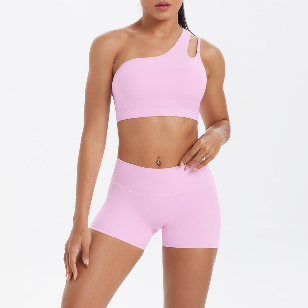 New arrival cross-border fashion double-sided nylon brushed single-shoulder yoga suit sports running fitness two-piece set for women